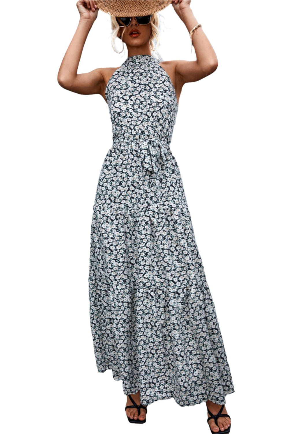Printed Sleeveless Tie Waist Maxi Dress - KRE Prime Deals