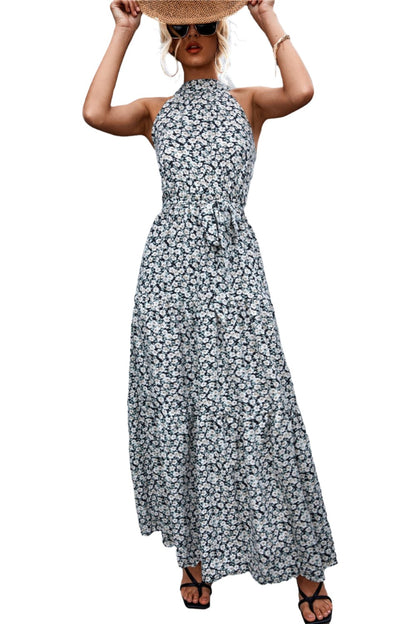 Printed Sleeveless Tie Waist Maxi Dress - KRE Prime Deals