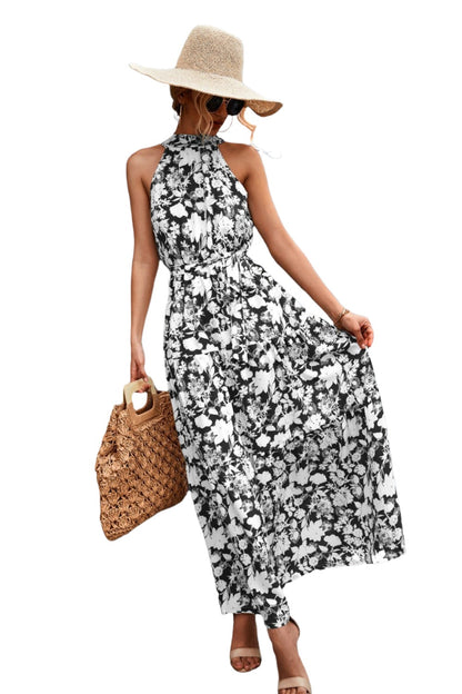 Printed Sleeveless Tie Waist Maxi Dress - KRE Prime Deals