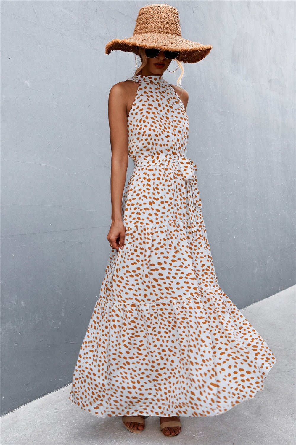 Printed Sleeveless Tie Waist Maxi Dress - KRE Prime Deals