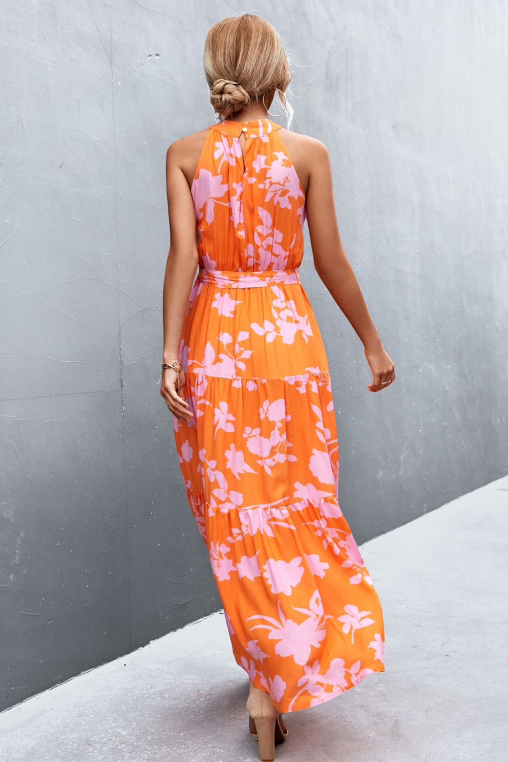 Printed Sleeveless Tie Waist Maxi Dress - KRE Prime Deals