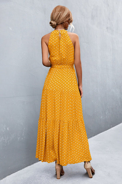 Printed Sleeveless Tie Waist Maxi Dress - KRE Prime Deals