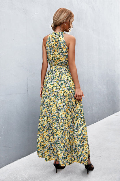 Printed Sleeveless Tie Waist Maxi Dress - KRE Prime Deals