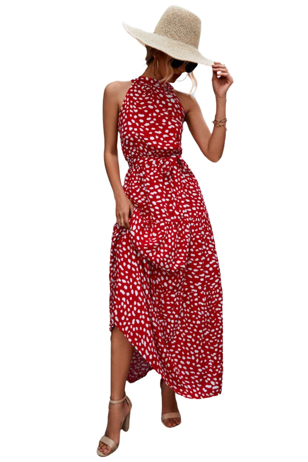 Printed Sleeveless Tie Waist Maxi Dress - KRE Prime Deals