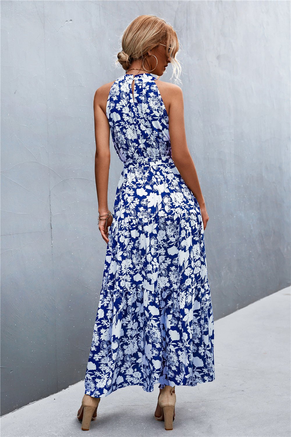 Printed Sleeveless Tie Waist Maxi Dress - KRE Prime Deals