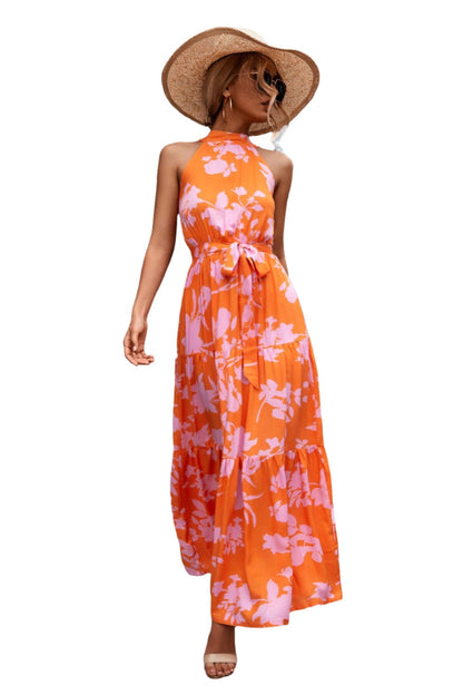 Printed Sleeveless Tie Waist Maxi Dress - KRE Prime Deals