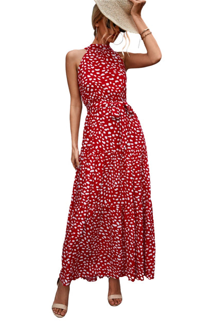 Printed Sleeveless Tie Waist Maxi Dress - KRE Prime Deals