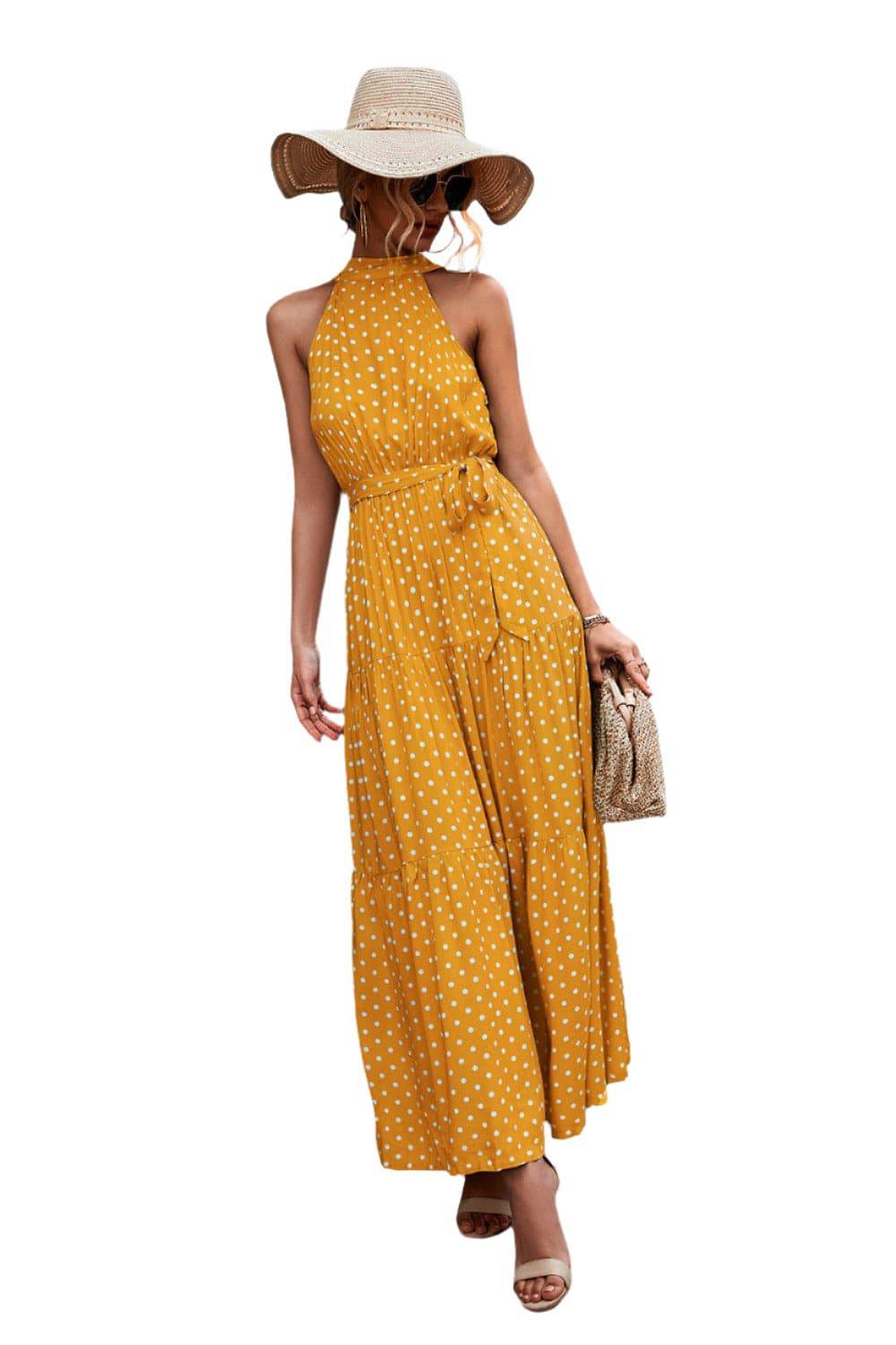 Printed Sleeveless Tie Waist Maxi Dress - KRE Prime Deals