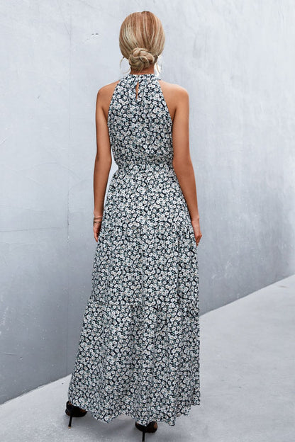 Printed Sleeveless Tie Waist Maxi Dress - KRE Prime Deals