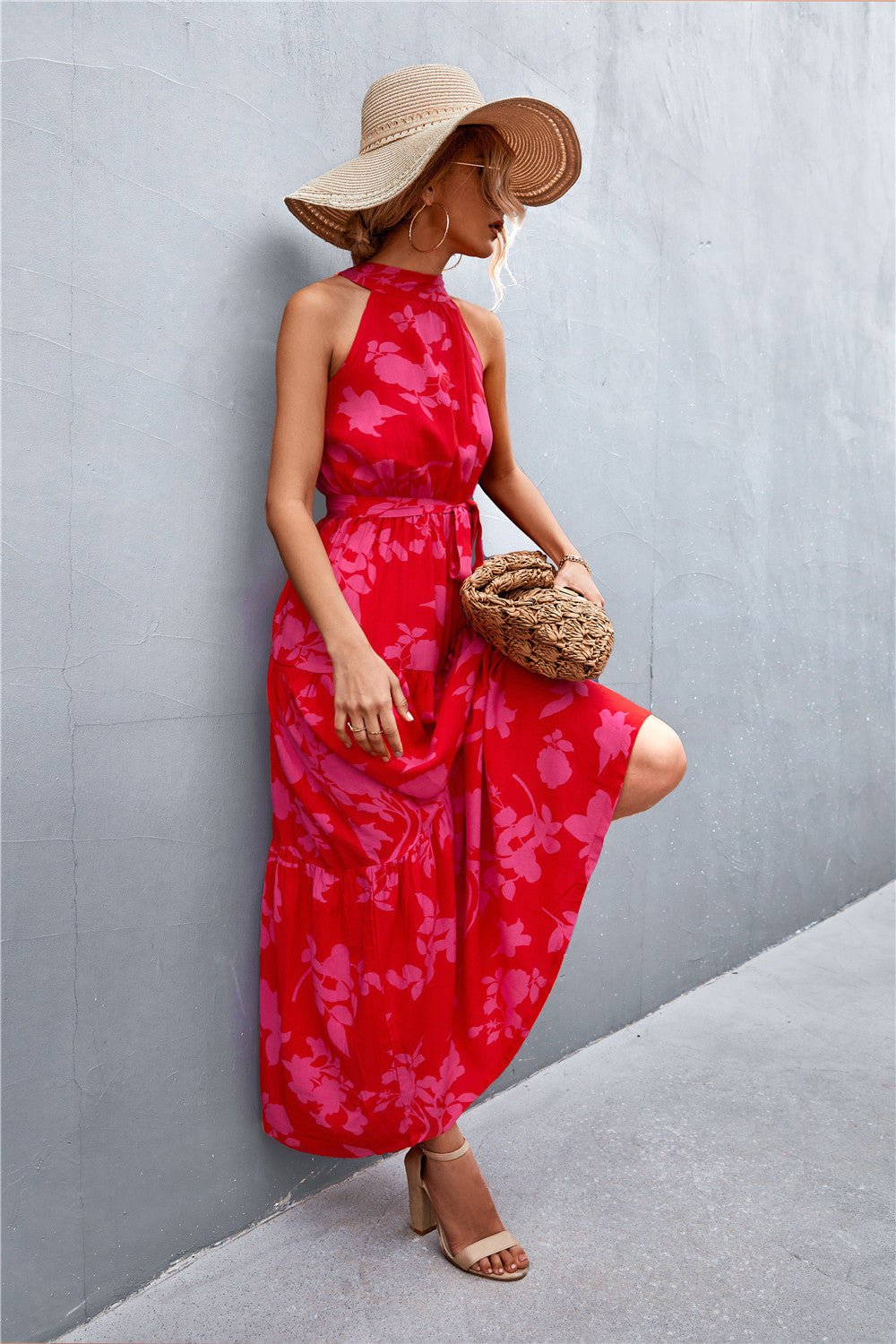 Printed Sleeveless Tie Waist Maxi Dress - KRE Prime Deals
