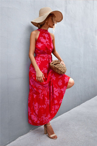 Printed Sleeveless Tie Waist Maxi Dress - KRE Prime Deals