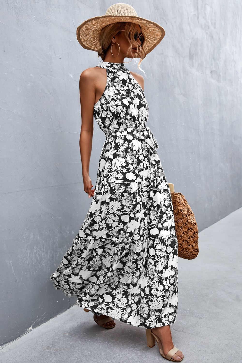 Printed Sleeveless Tie Waist Maxi Dress - KRE Prime Deals