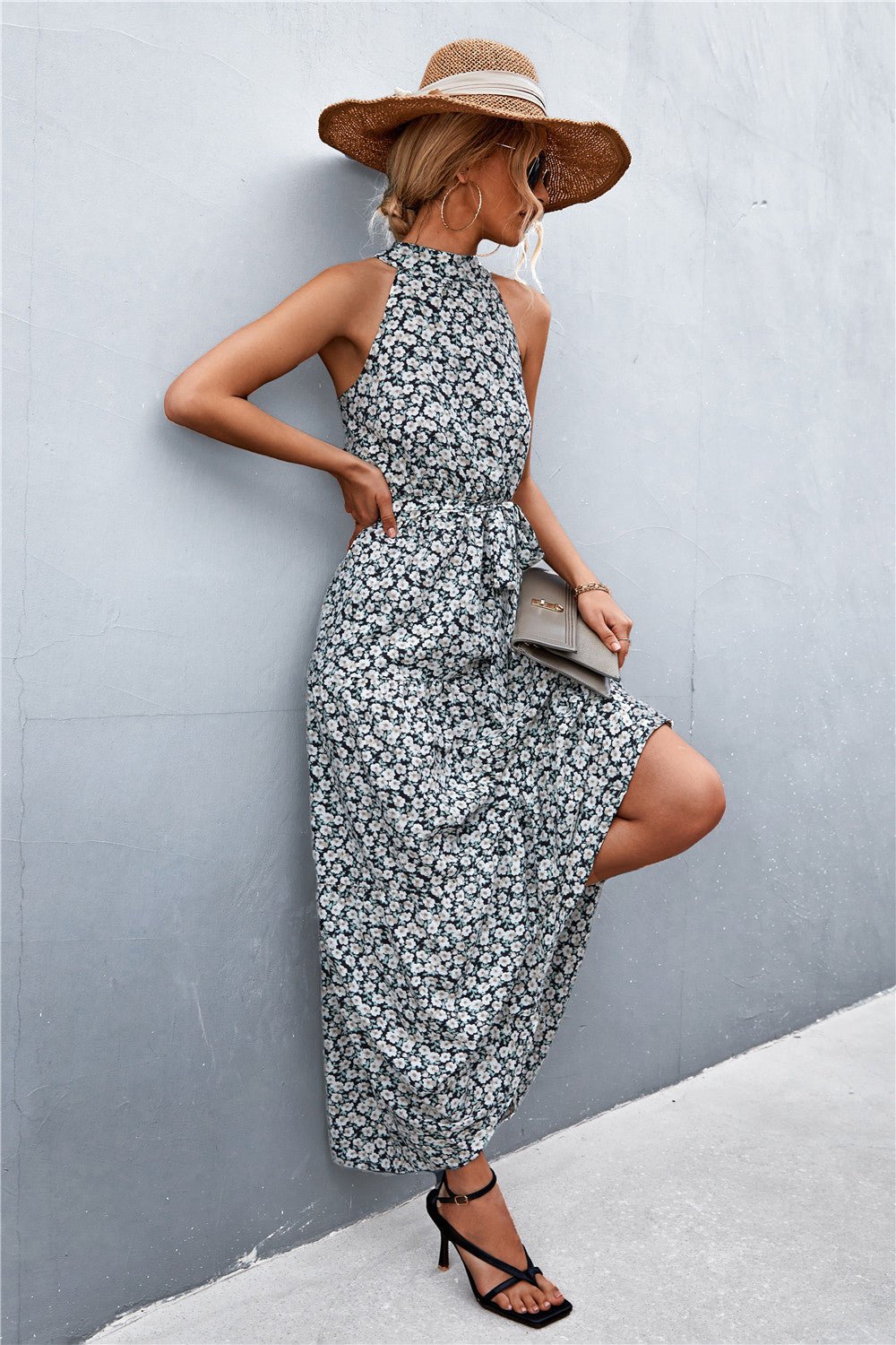 Printed Sleeveless Tie Waist Maxi Dress - KRE Prime Deals