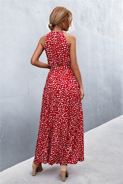 Printed Sleeveless Tie Waist Maxi Dress - KRE Prime Deals