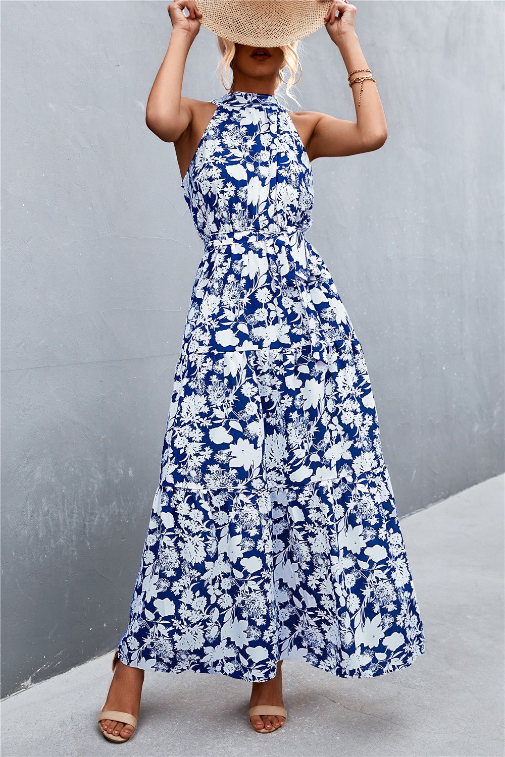 Printed Sleeveless Tie Waist Maxi Dress - KRE Prime Deals