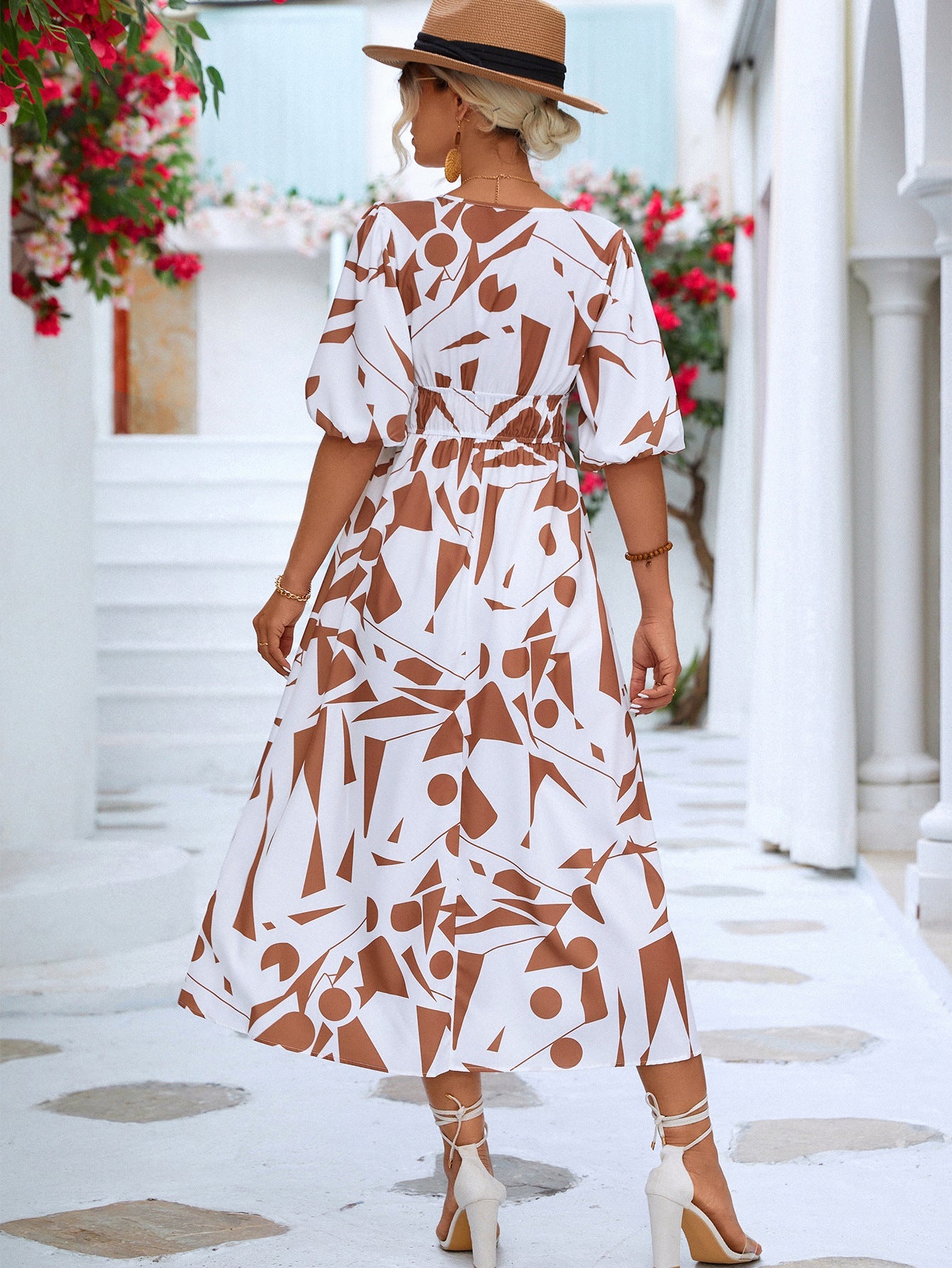 Printed Surplice Balloon Sleeve Dress - KRE Prime Deals