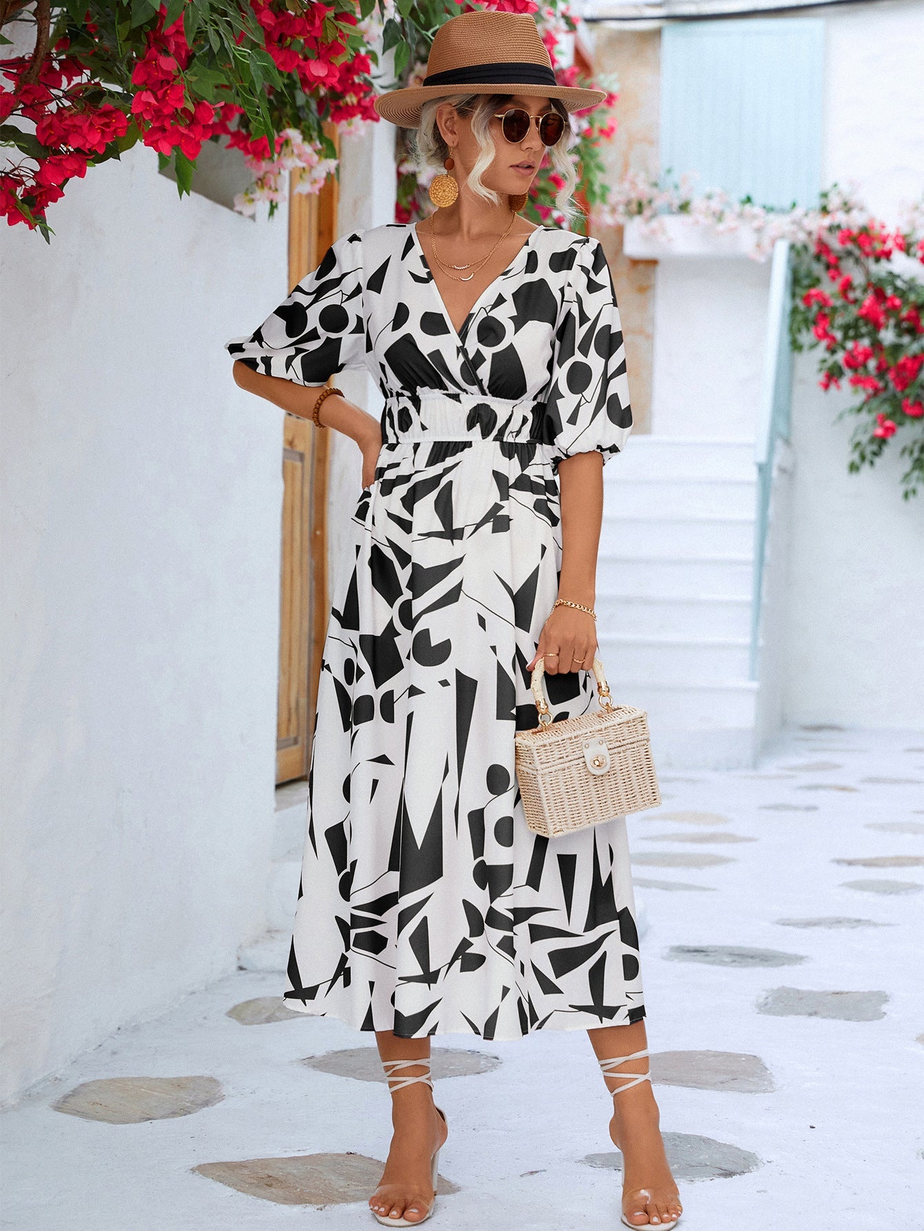 Printed Surplice Balloon Sleeve Dress - KRE Prime Deals
