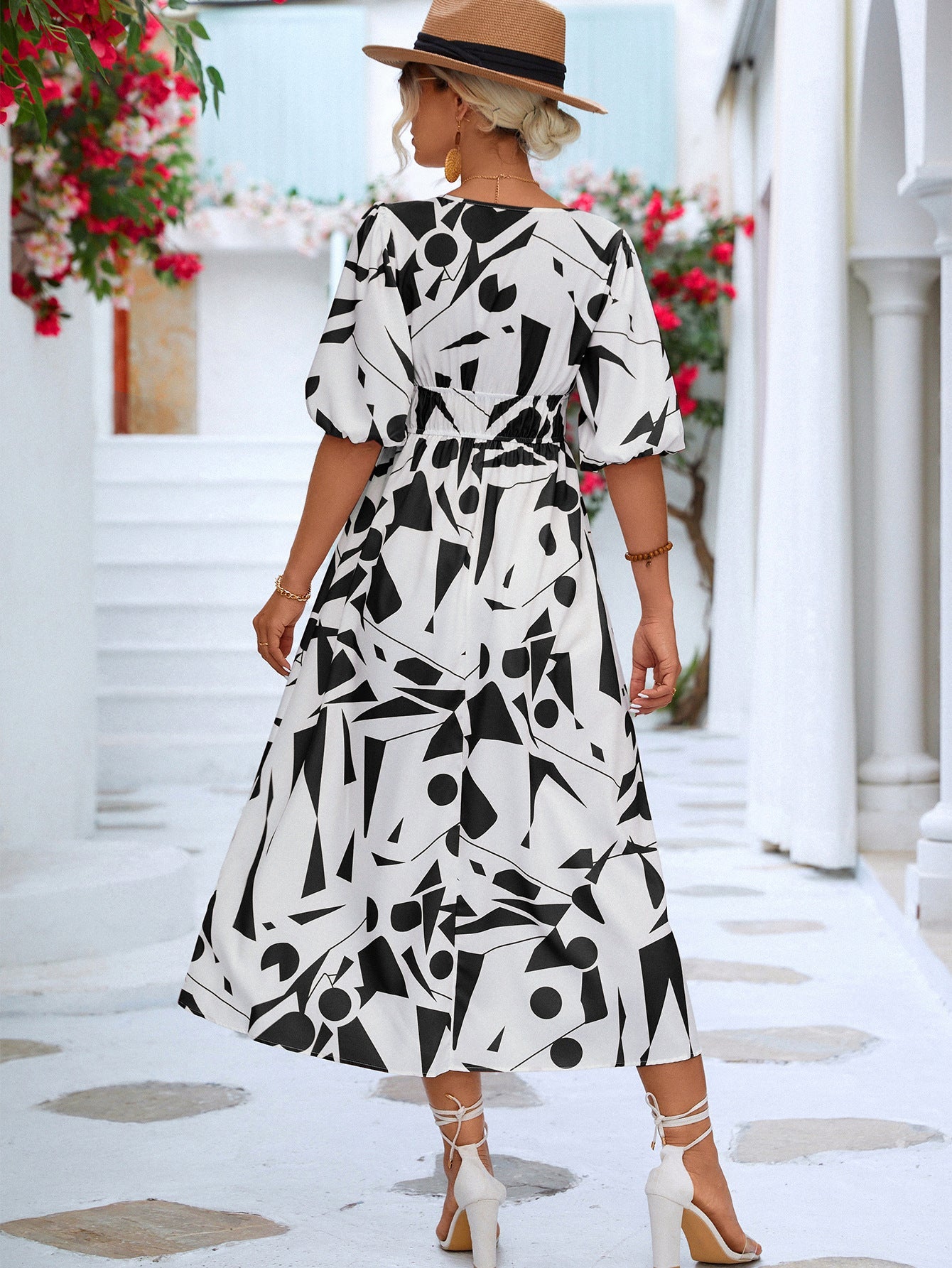 Printed Surplice Balloon Sleeve Dress - KRE Prime Deals