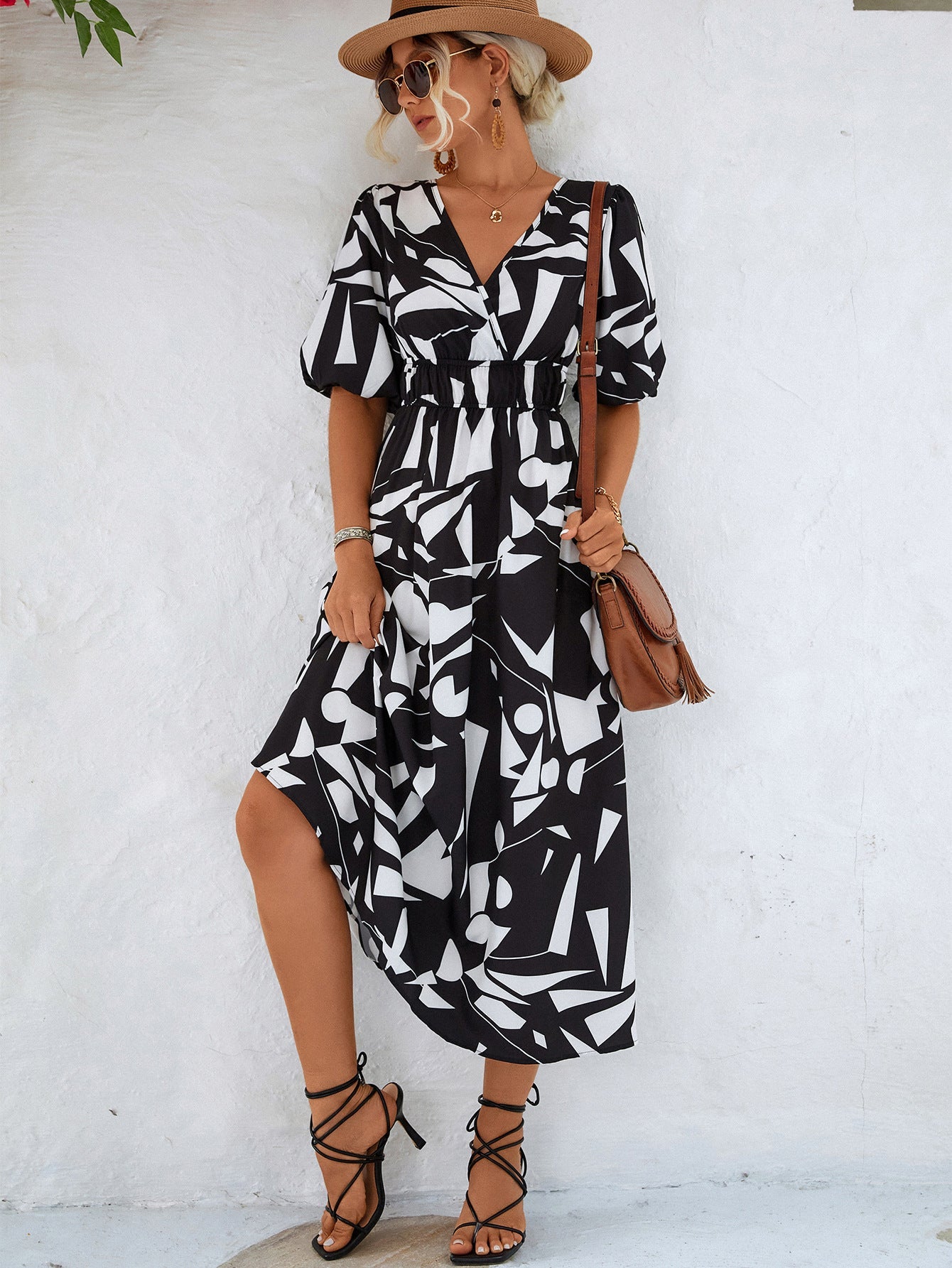 Printed Surplice Balloon Sleeve Dress - KRE Prime Deals