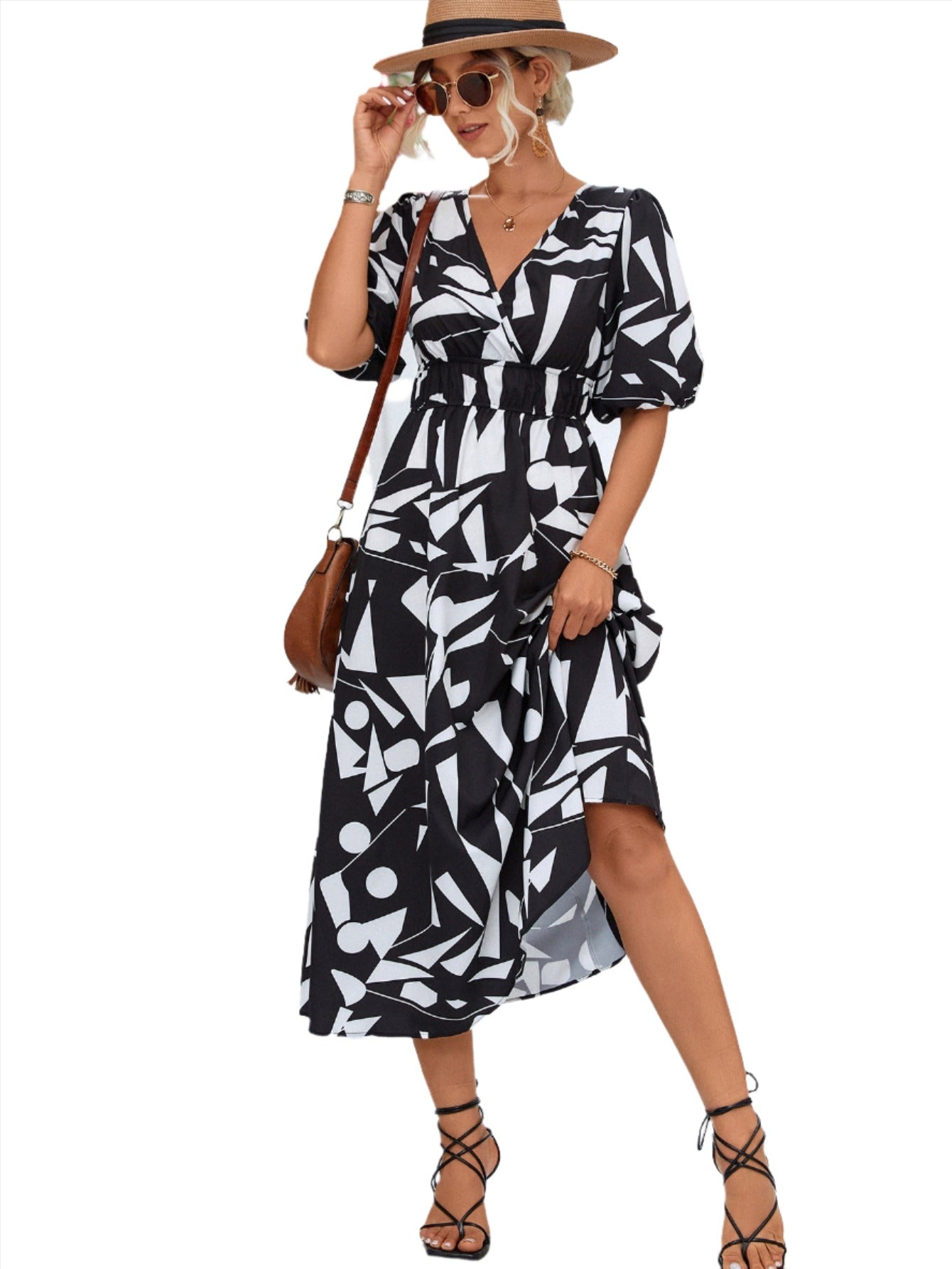 Printed Surplice Balloon Sleeve Dress - KRE Prime Deals