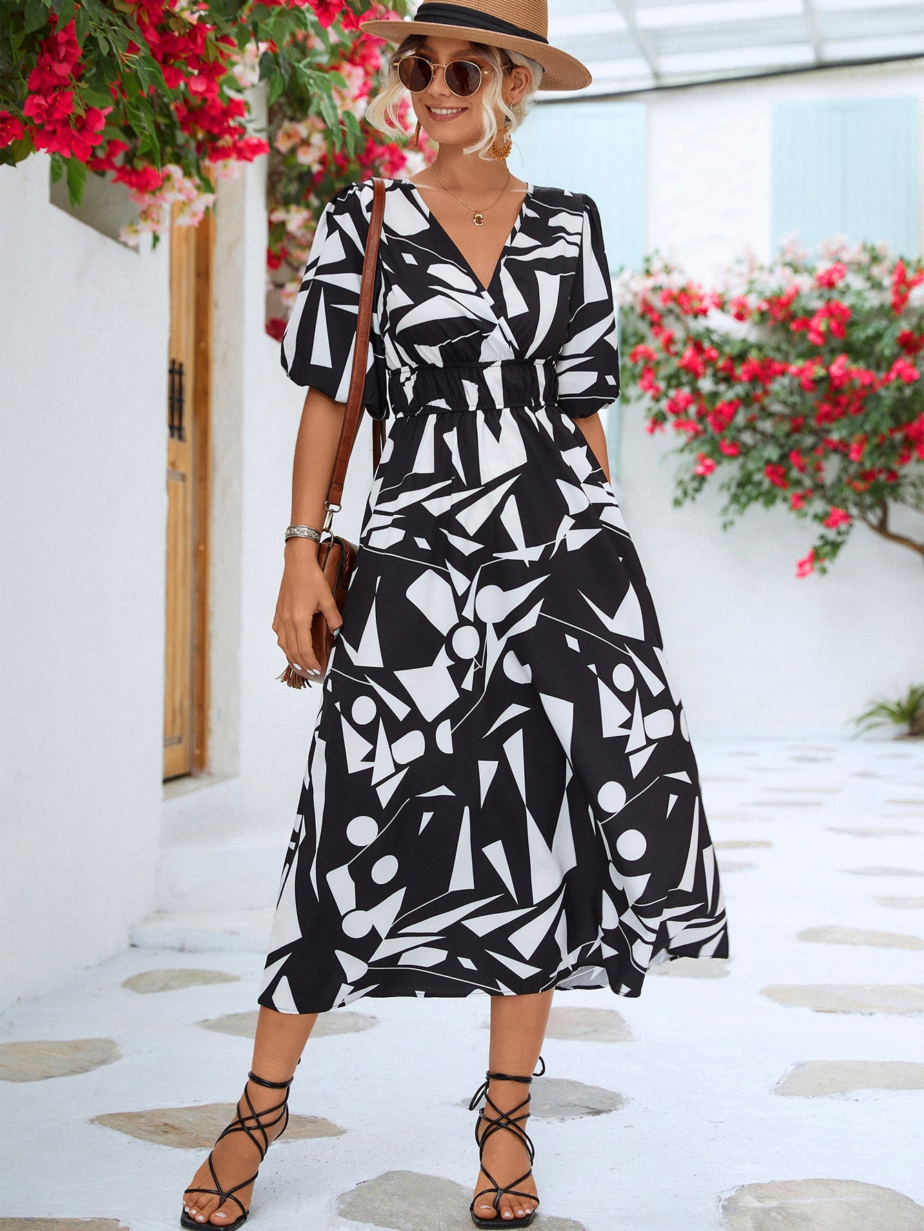 Printed Surplice Balloon Sleeve Dress - KRE Prime Deals