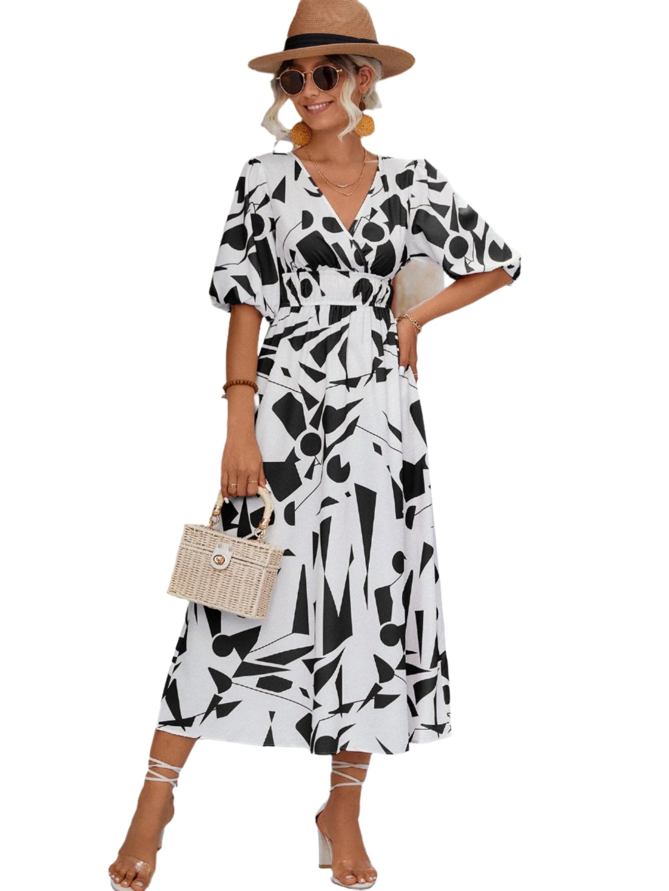 Printed Surplice Balloon Sleeve Dress - KRE Prime Deals