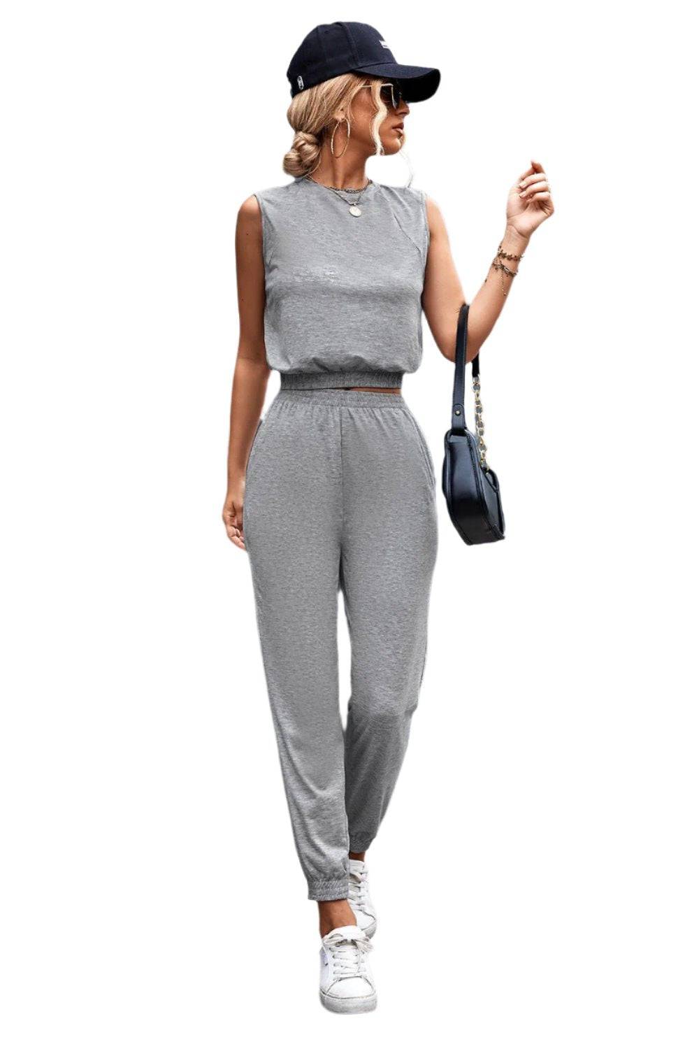 KRE PRIME women’s sleeveless top and joggers activewear set, comfortable athletic clothing for women, in a stylish matching design.