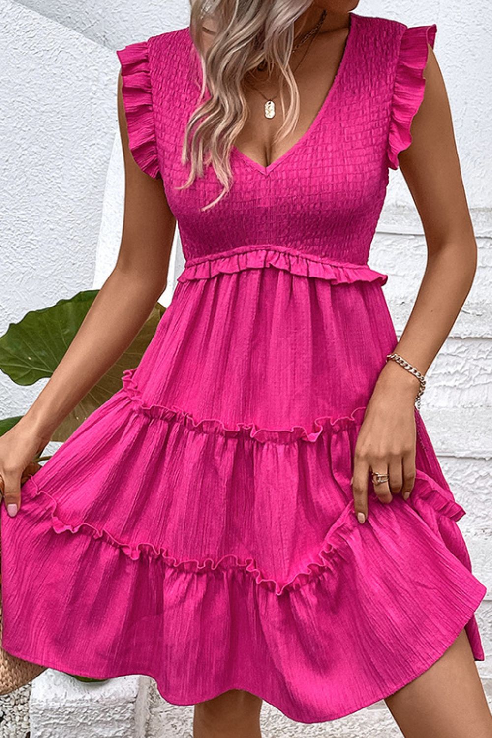 Smocked Frill Trim Deep V Dress - KRE Prime Deals